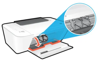 Baja la tapa de la impresora - El riel de soporte de los cartuchos de tinta se moverá a la posición central HP 2540