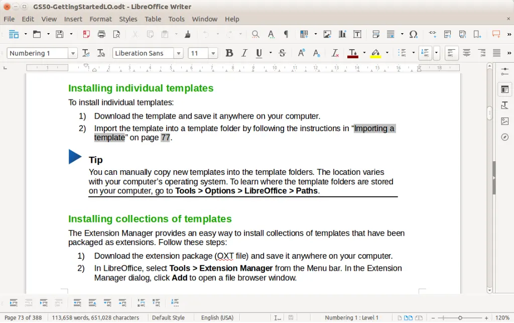 LibreOffice Writer Workspace screen