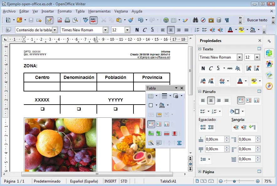 OpenOffice Writer Workspace screen